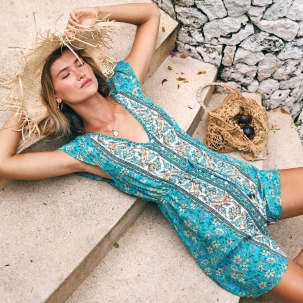 Turquoise Boho Floral Button Front Casual Dress - Picture 3 of 6